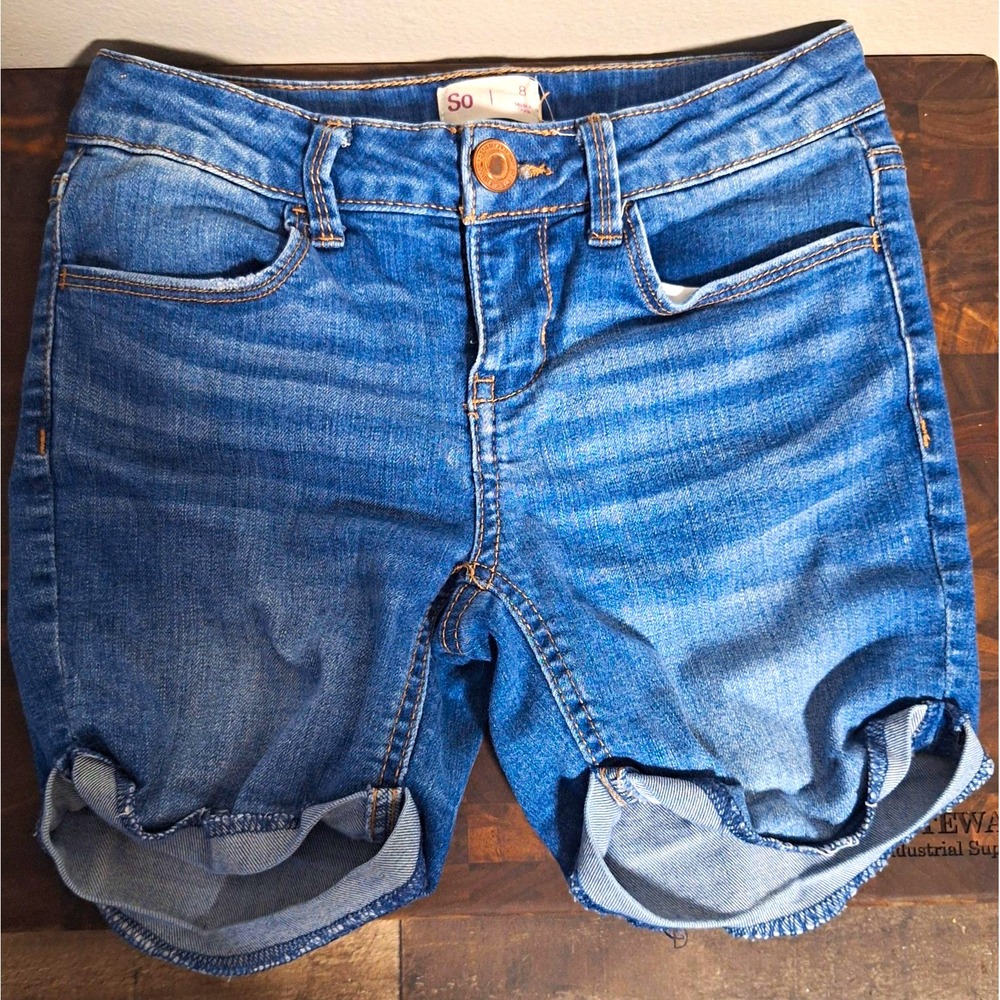 SO Girls Denim Shorts Size 8 Medium Wash Cuff Stretch Repreve Cotton Blend
